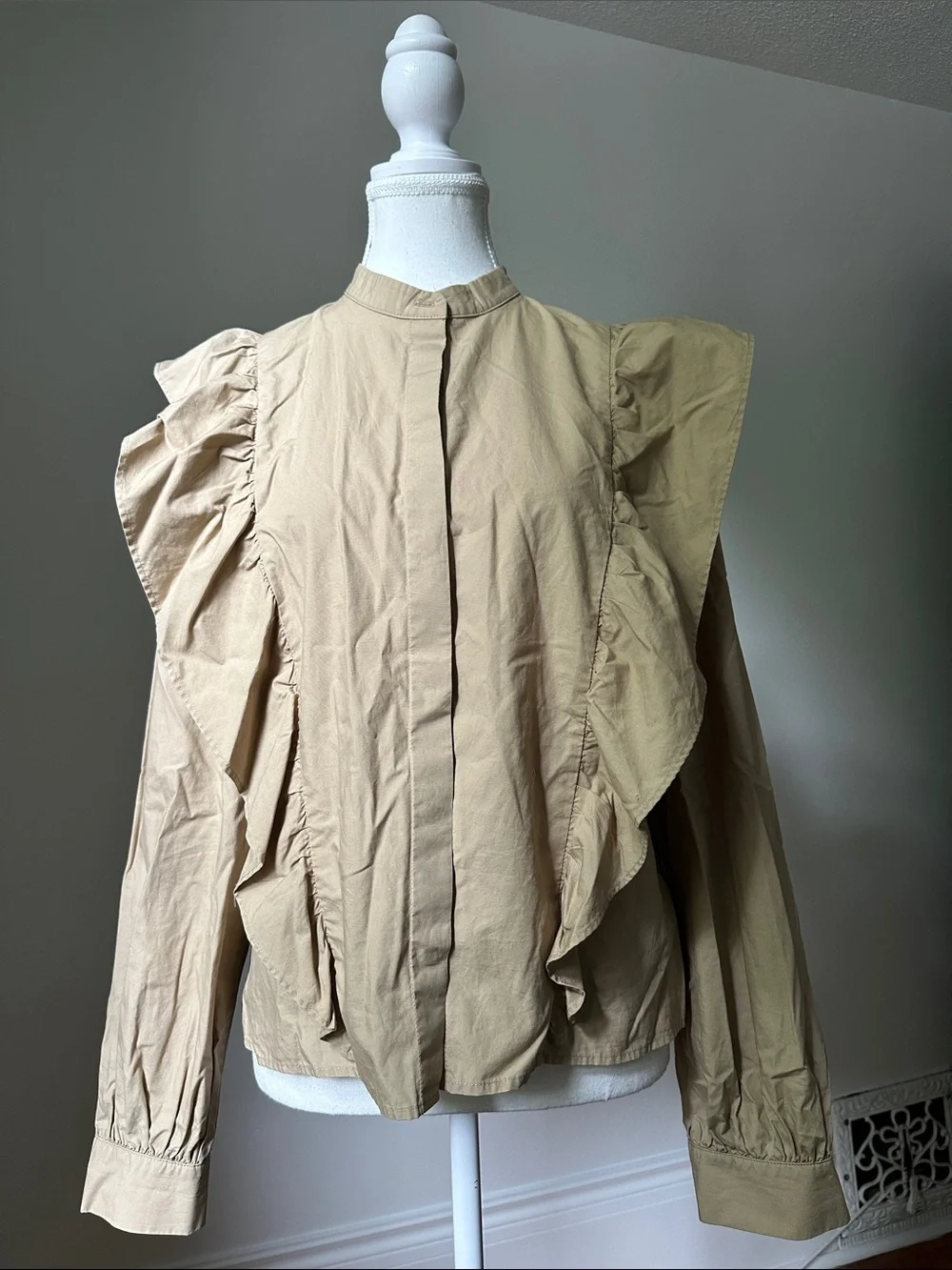 WILFRED Tan Panthere Ruffle Preppy Coquette 100% Cotton Blouse Medium - Picture 2 of 7
